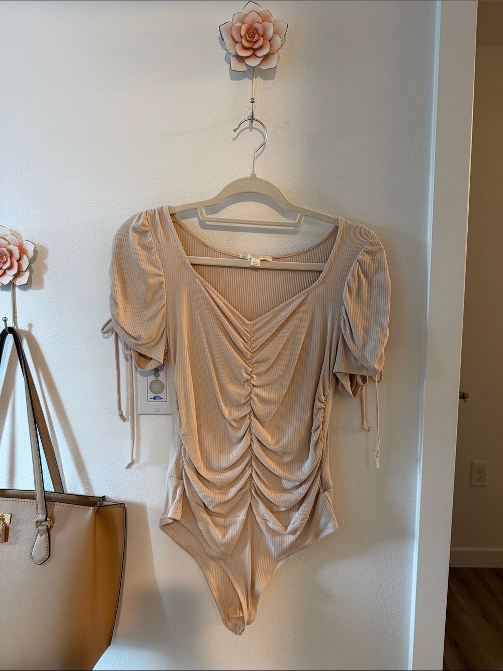Peach Love California Beige Ruched Ribbed Bodysuit with Puff Sleeves